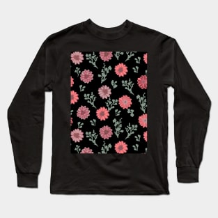 Dusty Pink Flowers on Black Vertical Long Sleeve T-Shirt